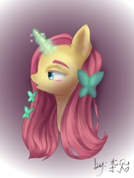 Size: 810x1080 | Tagged: safe, artist:柒贻, fluttershy, butterfly, pony, unicorn, g4, bust, female, fluttershy (g5 concept leak), g5 concept leak style, g5 concept leaks, glowing horn, horn, magic, magic aura, mare, redesign, unicorn fluttershy