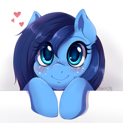 Size: 2000x2000 | Tagged: safe, artist:evomanaphy, oc, oc only, oc:stardust, pony, blushing, cute, diabetes intensifies, floating heart, freckles, heart, high res, hooves on the table, looking at you, ocbetes, peeking, redraw, smiling, smiling at you, solo