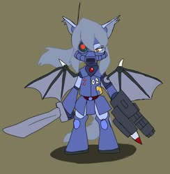 Size: 1997x2048 | Tagged: safe, alternate version, artist:omegapony16, oc, oc only, oc:oriponi, bat pony, pony, armor, bat pony oc, bipedal, colored, female, gun, mare, mask, photo, solo, sword, weapon