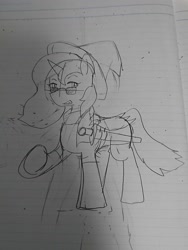 Size: 1080x1440 | Tagged: safe, artist:omegapony16, oc, oc only, oc:oriponi, alicorn, bat pony, bat pony alicorn, pony, alicorn oc, grin, hat, horn, lineart, lined paper, raised hoof, smiling, solo, sunglasses, sword, traditional art, weapon, witch hat