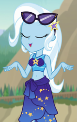 Size: 655x1033 | Tagged: safe, screencap, trixie, equestria girls, equestria girls specials, g4, my little pony equestria girls: better together, my little pony equestria girls: forgotten friendship, belly button, bikini, clothes, cropped, cute, diatrixes, eyes closed, female, midriff, sarong, solo, sunglasses, swimsuit