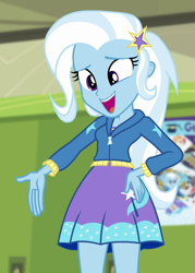 Size: 726x1016 | Tagged: safe, screencap, trixie, equestria girls, equestria girls series, forgotten friendship, g4, clothes, cropped, female, hallway, hand on hip, jacket, lockers, low angle, open mouth, skirt, smiling, solo, talking