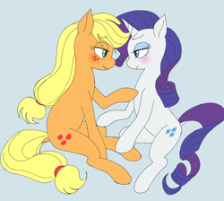 Size: 2384x2138 | Tagged: safe, artist:haibaratomoe, applejack, rarity, earth pony, pony, unicorn, g4, blue background, blushing, duo, eye contact, female, high res, lesbian, looking at each other, mare, ship:rarijack, shipping, simple background, sitting