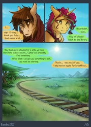 Size: 1500x2100 | Tagged: safe, artist:bootsdotexe, oc, oc only, oc:featherfall, oc:ruby cube, earth pony, pony, unicorn, comic:beyond our borders, comic, duo, female, head wrap, male, mare, stallion, train tracks