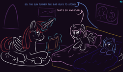 Size: 1111x654 | Tagged: safe, artist:quint-t-w, princess celestia, princess luna, oc, oc:fausticorn, alicorn, pony, g4, alicorn oc, bed, book, cewestia, dialogue, female, filly, filly celestia, filly luna, foal, gradient background, horn, lying down, magic, old art, picture, pillow, pink-mane celestia, s1 luna, telekinesis, woona, younger