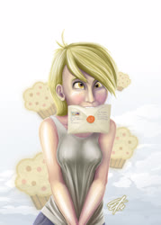 Size: 1642x2296 | Tagged: safe, artist:eternyan, derpy hooves, human, g4, clothes, creepy, derp, female, food, freckles, humanized, letter, mouth hold, muffin, solo