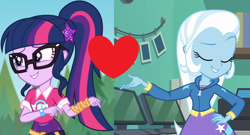 Size: 1274x686 | Tagged: safe, edit, edited screencap, screencap, sci-twi, trixie, twilight sparkle, equestria girls, equestria girls series, forgotten friendship, g4, sunset's backstage pass!, spoiler:eqg series (season 2), female, geode of telekinesis, hand on hip, lesbian, magical geodes, music festival outfit, ship:sci-twixie, ship:twixie, shipping, shipping domino