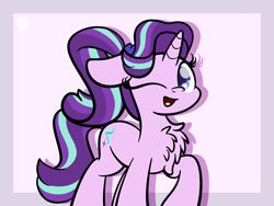 Size: 2560x1920 | Tagged: dead source, safe, artist:php142, starlight glimmer, pony, unicorn, g4, ;d, alternate hairstyle, chest fluff, cute, female, glimmerbetes, high res, looking at you, mare, one eye closed, open mouth, ponytail, simple background, solo, white background