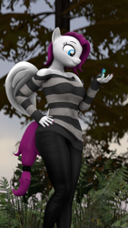 Size: 1080x1920 | Tagged: safe, artist:mane01, oc, oc only, oc:garry berry, oc:vision, pegasus, pony, anthro, 3d, anthro oc, anthro with ponies, clothes, female, holding a pony, looking at someone, mare, micro, nature, pants, shoulderless, size difference, sweater, tiny, tiny ponies