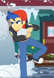 Size: 332x477 | Tagged: safe, screencap, flash sentry, equestria girls, equestria girls specials, g4, my little pony equestria girls: better together, my little pony equestria girls: holidays unwrapped, clothes, converse, cropped, hat, pants, shoes, sneakers, snow, snowball
