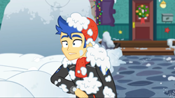 Size: 1280x720 | Tagged: safe, screencap, flash sentry, equestria girls, equestria girls series, g4, holidays unwrapped, spoiler:eqg series (season 2), clothes, hat, male, scarf, snow