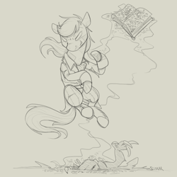 Size: 1200x1200 | Tagged: safe, artist:sinrar, oc, oc only, oc:aleph, crystal pony, demon, book, levitation, magic, monochrome, simple background, sketch, summoning, telekinesis