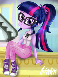 Size: 1536x2048 | Tagged: safe, artist:artmlpk, sci-twi, twilight sparkle, equestria girls, g4, bow, canterlot mall, clothes, converse, cute, escalator, fashion, female, fountain, jeans, looking at you, pants, ponytail, shoes, smiling, smiling at you, sneakers, solo, twiabetes