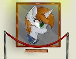 Size: 3200x2500 | Tagged: safe, artist:starmaster, oc, oc only, oc:littlepip, pony, unicorn, fallout equestria, bust, clothes, fanfic, fanfic art, female, framed picture, high res, horn, jumpsuit, mare, portrait, serious, serious face, solo, vault suit