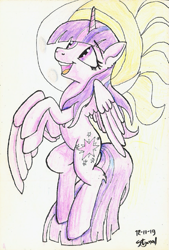 Size: 625x924 | Tagged: safe, artist:stjonal, twilight sparkle, alicorn, pony, g4, ascending, big tail, cute, cutie mark, female, flying, looking up, moon, purple eyes, simple background, smiling, solo, sun, traditional art, twilight sparkle (alicorn), white background, wings