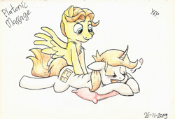 Size: 919x626 | Tagged: safe, artist:stjonal, oc, oc:dorm pony, oc:stjonal, pegasus, pony, unicorn, blushing, brown mane, chest fluff, curved horn, cute, duo, female, heart, horn, male, mare, massage, pencil drawing, pillow, platonic, sigh, simple background, smiling, stallion, traditional art, transparent background