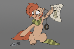 Size: 2542x1695 | Tagged: safe, artist:rexyseven, oc, oc only, oc:rusty gears, earth pony, pony, clothes, female, freckles, gray background, mare, poster, scarf, scissors, simple background, sitting, socks, solo, striped socks, tape, tongue out