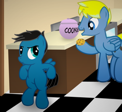Size: 3600x3300 | Tagged: safe, artist:agkandphotomaker2000, oc, oc:pony video maker, oc:pony video maker's cousin, pegasus, pony, bipedal, bipedal leaning, childhood, childhood memories, colt, cookie, cookie jar, duo, duo male, female, filly, food, hiding, high res, kitchen, leaning, male, oven, stealth