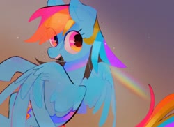 Size: 2048x1488 | Tagged: safe, artist:poneko-chan, rainbow dash, pegasus, pony, g4, female, flying, rainbow, smiling, solo