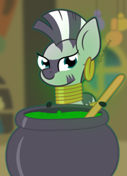 Size: 1425x1976 | Tagged: safe, artist:puperhamster, zecora, pony, zebra, g4, cauldron, female, looking at you, potion, solo, zecora's hut