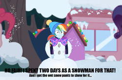 Size: 823x542 | Tagged: safe, edit, edited screencap, editor:thedarkpony, screencap, pinkie pie, rainbow dash, rarity, equestria girls, equestria girls specials, g4, my little pony equestria girls: better together, my little pony equestria girls: holidays unwrapped, caption, clothes, female, implied urine, implied wetting, snowman, winter outfit