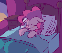 Size: 646x553 | Tagged: safe, anonymous artist, artist:rustydooks, pinkie pie, earth pony, pony, g4, bed, blushing, colored, cute, diapinkes, eyes closed, female, floppy ears, mare, mlpg, nightstand, on back, on bed, pillow, sleeping, solo