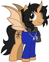 Size: 1962x2496 | Tagged: safe, artist:lightning stripe, derpibooru exclusive, oc, oc only, oc:the deafhorse, alicorn, bat pony, bat pony alicorn, pony, g4, black mane, black tail, clothes, commission, curved horn, cutie mark, gray eyes, horn, jewelry, male, messy mane, necklace, orange coat, scarf, show accurate, simple background, solo, stallion, sweater, transparent background, vector, wings
