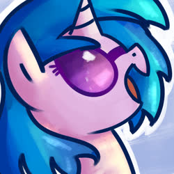 Size: 1000x1000 | Tagged: safe, artist:rustydooks, dj pon-3, vinyl scratch, pony, unicorn, g4, blue background, bust, female, glasses, mare, open mouth, portrait, profile, simple background, smiling, solo