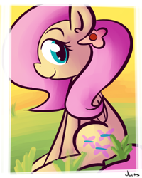 Size: 800x1000 | Tagged: safe, artist:rustydooks, fluttershy, pegasus, pony, g4, cute, female, flower, flower in hair, looking at you, mare, profile, shyabetes, sitting, solo