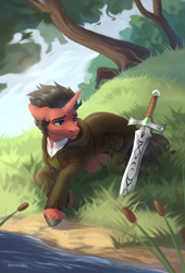 Size: 1800x2640 | Tagged: safe, artist:fenwaru, oc, oc only, pony, unicorn, clothes, jacket, looking at something, prone, runes, solo, sword, tree, water, weapon