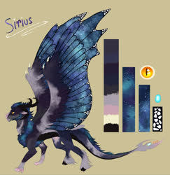 Size: 2783x2858 | Tagged: safe, artist:eperyton, oc, oc only, oc:sirius, draconequus, hybrid, brown background, chest fluff, cloven hooves, color palette, draconequus oc, ethereal wings, fangs, high res, horns, hybrid wings, interspecies offspring, offspring, parent:discord, parent:princess luna, parents:lunacord, reference sheet, simple background, solo, wing claws, wings