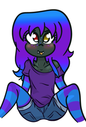 Size: 531x792 | Tagged: safe, artist:binary6, oc, oc only, oc:amity smile, bat pony, anthro, clothes, denim shorts, fangs, female, freckles, heterochromia, looking at you, socks, solo, thigh highs