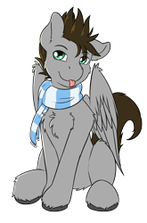 Size: 1587x2408 | Tagged: safe, artist:punk-pegasus, oc, oc only, oc:menzing, pegasus, pony, 2020 community collab, derpibooru community collaboration, chest fluff, clothes, colored hooves, hooves, looking at you, male, mohawk, scarf, simple background, sitting, solo, tongue out, transparent background