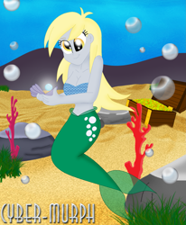 Size: 1893x2296 | Tagged: safe, artist:cyber-murph, derpy hooves, mermaid, equestria girls, g4, belly, belly button, bikini, breasts, cleavage, clothes, coral, cute, derpabetes, flowing hair, mermaidized, midriff, pearl, rock, signature, species swap, swimsuit, treasure chest, underwater