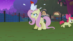 Size: 2880x1620 | Tagged: safe, screencap, apple bloom, fluttershy, bird, chicken, earth pony, pegasus, pony, g4, stare master, annoyed, feather, female, fence, filly, foal, folded wings, looking up, looking up at a chicken, mare, night, running away, running offscreen, sitting on head, you better not lay an egg on me you chicken!