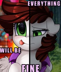 Size: 1280x1510 | Tagged: safe, artist:pridark, oc, oc only, oc:graph travel, pegasus, pony, two sided posters, :p, clothes, commission, everything is going to be ok, female, forest, freckles, happy, looking at you, mare, party, sad, solo, text, tongue out, vest