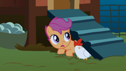 Size: 2880x1620 | Tagged: safe, screencap, scootaloo, bird, chicken, pegasus, pony, g4, season 1, stare master, chicken coop, crouching, duo, egg, eyes closed, female, filly, foal, hiding, looking at something, meme, scootachicken