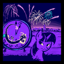 Size: 825x825 | Tagged: safe, artist:hazeyhooves, discord, twilight sparkle, alicorn, pony, g4, clock, fanfic art, fireworks, twilight sparkle (alicorn)