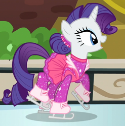 Size: 686x693 | Tagged: safe, screencap, rarity, pony, unicorn, g4, the gift of the maud pie, cropped, cute, female, hair bun, ice skates, ice skating, mare, open mouth, profile, raribetes, solo