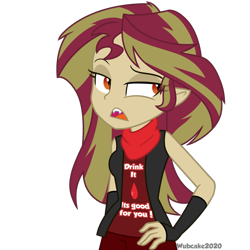 Size: 1280x1280 | Tagged: dead source, safe, artist:wubcakeva, sunset shimmer, human, undead, vampire, equestria girls, g4, bacon hair, fangs, female, hand on hip, lidded eyes, open mouth, solo, sunset shimmer is not amused, unamused, vampire shimmer