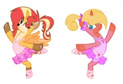 Size: 1280x880 | Tagged: safe, artist:emberskydragon, oc, oc:glissade cinderwisp, oc:solarflare primadonna, alicorn, deer, deer pony, fox, fox pony, hybrid, kitsune, kitsune pony, original species, pony, unicorn, accessory, alternate hairstyle, amulet, ballerina, ballet, ballet slippers, bow, breedables, clothes, en pointe, eyes open, flower, hair bow, jewelry, necklace, one arm out, one arm up, pas de deux, ponytail, ponytails, smiling, standing on one leg, tutu, tutus, tututiful