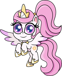 Size: 1227x1500 | Tagged: safe, artist:cloudy glow, princess celestia, alicorn, pony, g4.5, my little pony: pony life, crown, cute, female, filly, flying, foal, jewelry, looking at you, pink-mane celestia, regalia, scrunchie, simple background, solo, transparent background, young, younger
