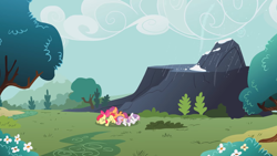 Size: 2880x1620 | Tagged: safe, screencap, apple bloom, scootaloo, sweetie belle, earth pony, pegasus, pony, g4, the show stoppers, cutie mark crusaders, eyes closed, female, filly, foal, prone, rock, snow, trio
