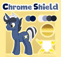 Size: 918x871 | Tagged: safe, artist:partypievt, oc, oc only, oc:chrome shield, pony, unicorn, reference sheet, solo