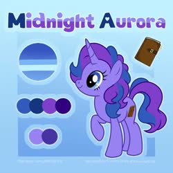 Size: 894x894 | Tagged: safe, artist:partypievt, oc, oc only, oc:midnight aurora, pony, unicorn, female, reference sheet, solo
