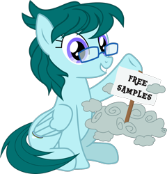 Size: 1248x1302 | Tagged: safe, artist:yoshimon1, derpibooru exclusive, oc, oc only, oc:cloudy bits, pegasus, pony, 2020 community collab, derpibooru community collaboration, cloud, female, glasses, looking at you, mare, raised hoof, sign, simple background, sitting, solo, story included, transparent background
