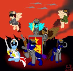 Size: 960x928 | Tagged: safe, artist:imperial_crest, oc, oc:imperial crest, alicorn, pegasus, pony, robot, unicorn, aircraft, ak-47, artificial intelligence, assault rifle, axis, communism, dictator, gun, katana, military, military pony, military uniform, rifle, sickle, sword, weapon