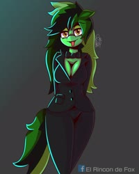Size: 1280x1600 | Tagged: safe, artist:thedamneddarklyfox, oc, oc only, oc:diamond green, anthro, bowtie, breasts, clothes, female, looking at you, solo, tongue out