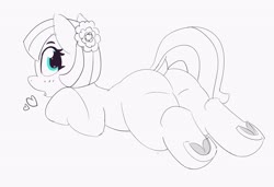 Size: 4096x2803 | Tagged: safe, artist:pabbley, coco pommel, earth pony, pony, g4, butt, dock, female, flower, flower in hair, heart, looking back, lying down, mare, monochrome, open mouth, partial color, plot, prone, simple background, solo, underhoof, white background