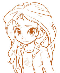 Size: 410x498 | Tagged: safe, artist:curepimmy, artist:pimmy, sunset shimmer, equestria girls, g4, anime, bust, cute, female, looking at you, monochrome, shimmerbetes, simple background, solo, white background